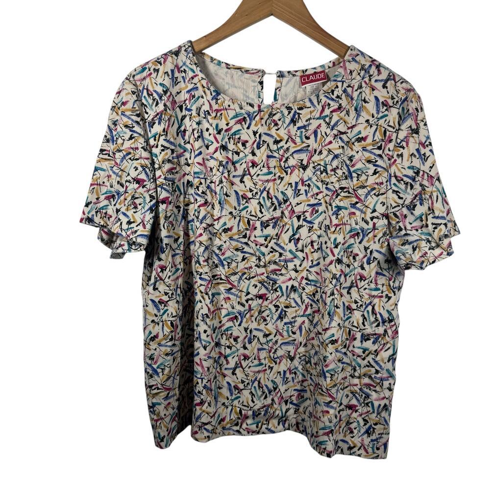 Vintage Claude Art Top Women Size L White Abstract Designer Short Sleeve Modest‎